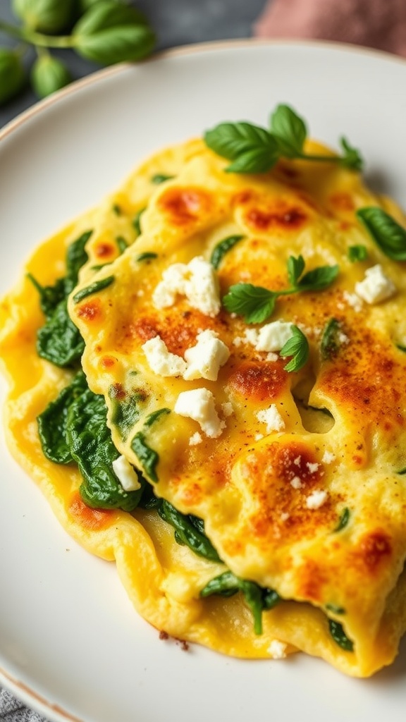 A delicious spinach and feta egg white omelette garnished with fresh herbs.