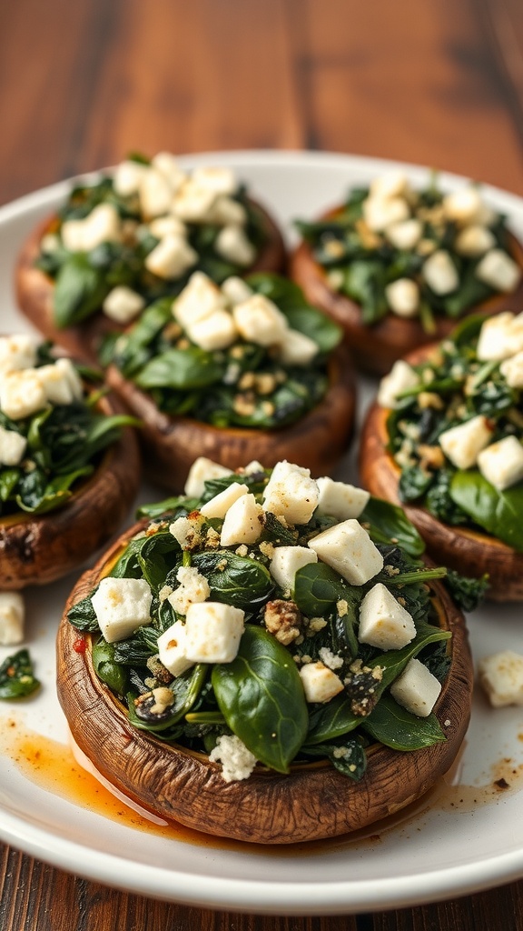 Delicious spinach and feta stuffed portobello mushrooms on a plate.