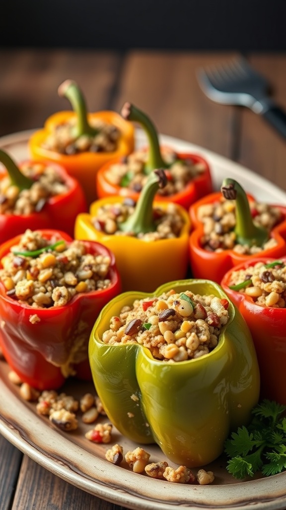 Stuffed bell peppers filled with quinoa and lentils on a platter