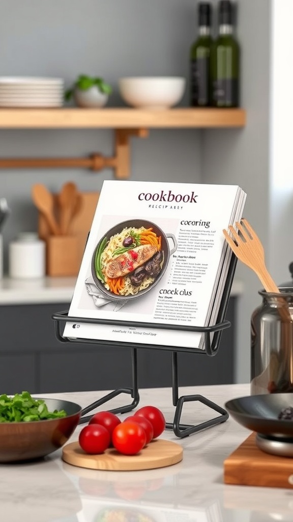 A stylish cookbook stand displaying a colorful recipe next to fresh ingredients on a kitchen counter.