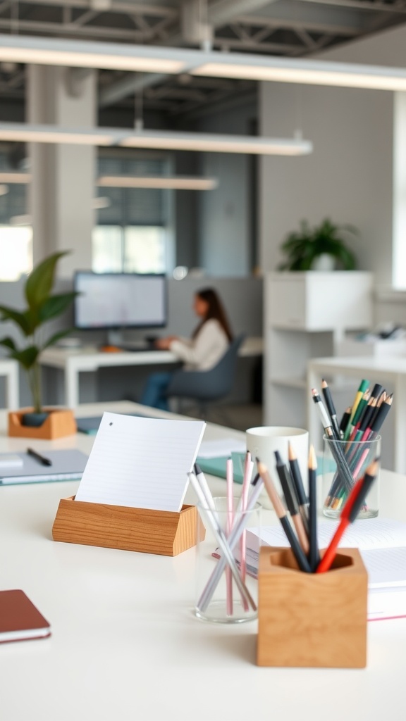 A clean and organized home office desk with stylish accessories including a plant and pencil holders.