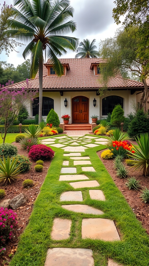 A beautifully landscaped path leading to an old Spanish style home.