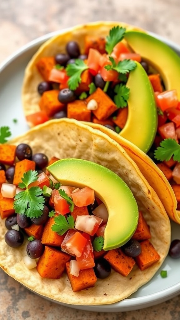 Delicious sweet potato and black bean tacos topped with avocado, tomatoes, and cilantro.