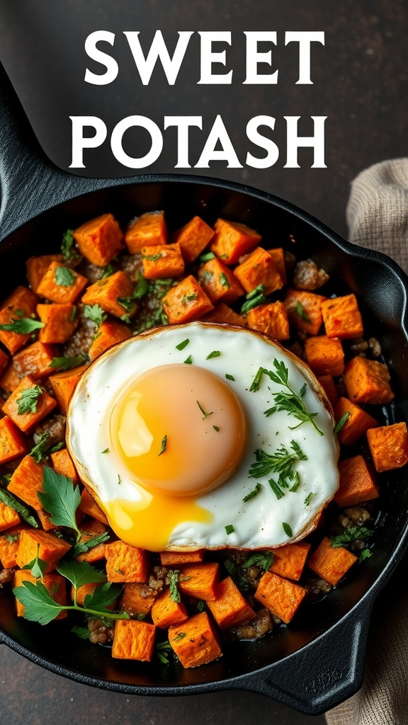 Sweet potato hash with eggs in a skillet