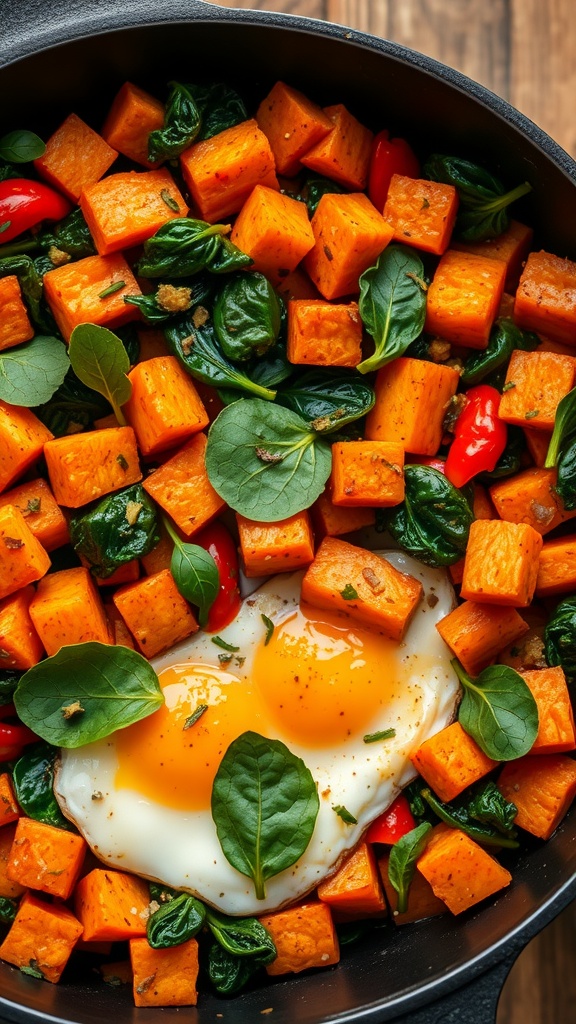 A vibrant sweet potato hash with spinach and peppers.