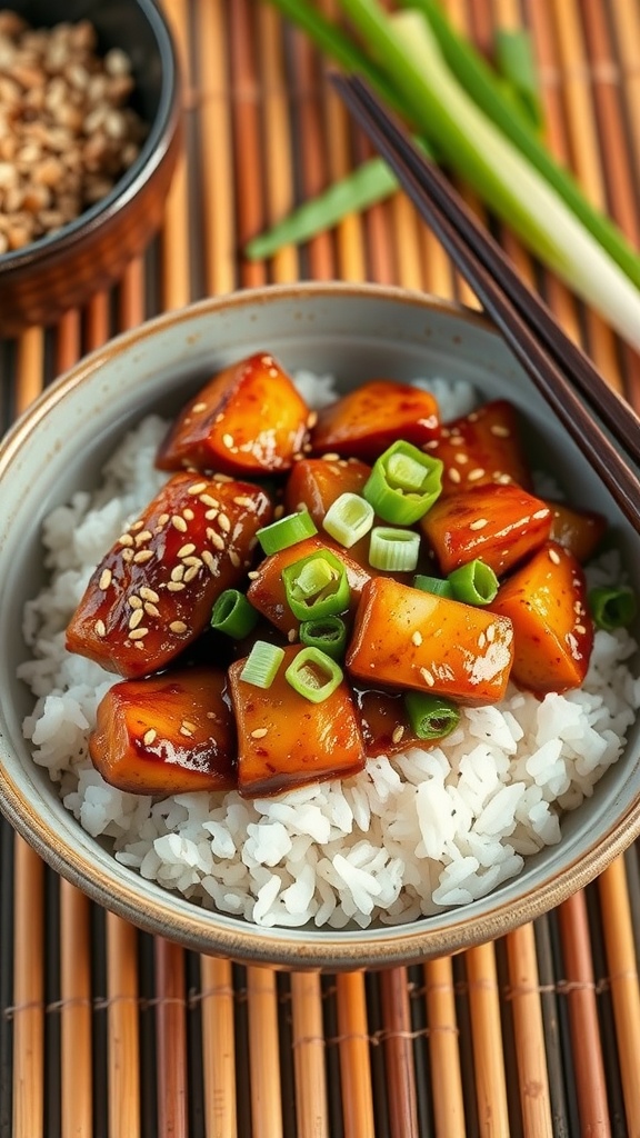 Teriyaki chicken served over rice with green onions and sesame seeds