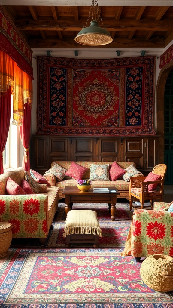 A cozy living room showcasing rich textile furnishings and colorful rugs.