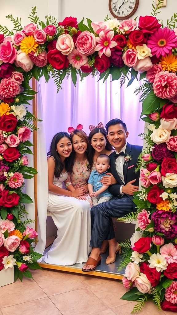 A family posing in a floral photo booth surrounded by colorful flowers.