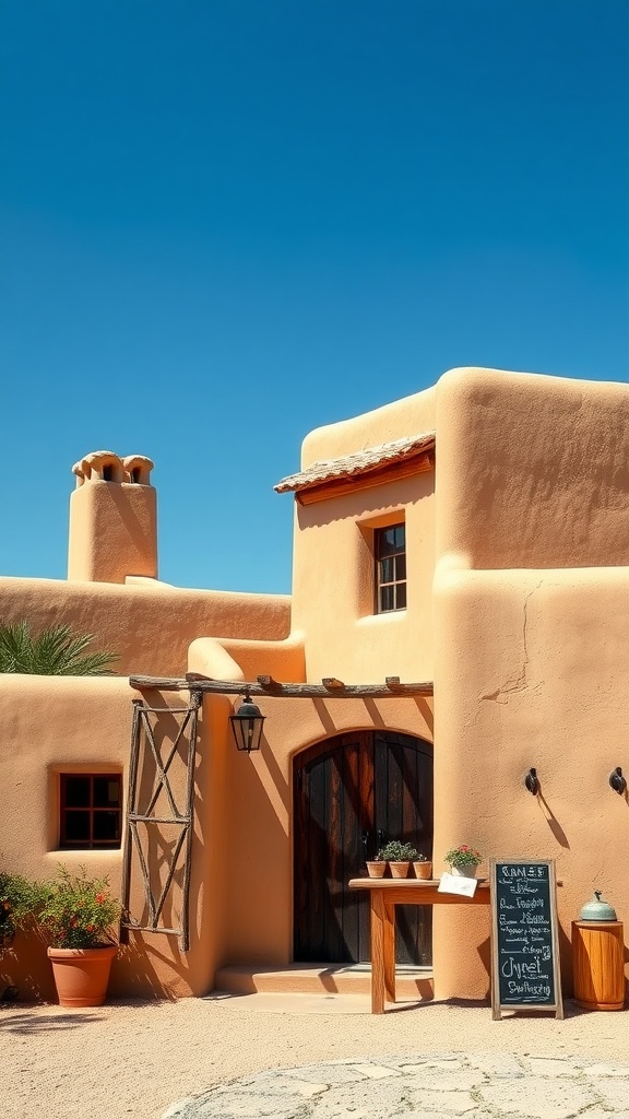 A charming adobe house with a wooden door and potted plants under a clear blue sky.