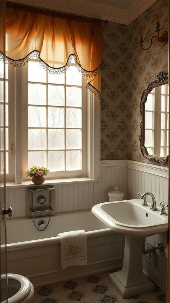 A vintage bathroom featuring a stylish window treatment with soft orange fabric and elegant lace.