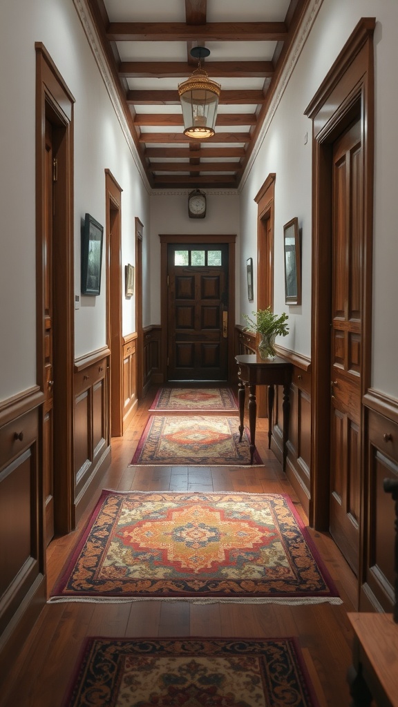 A hallway showcasing rich wooden flooring, accented with colorful rugs and traditional decor.