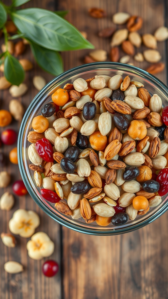 A bowl of trail mix containing various nuts and dried fruits.