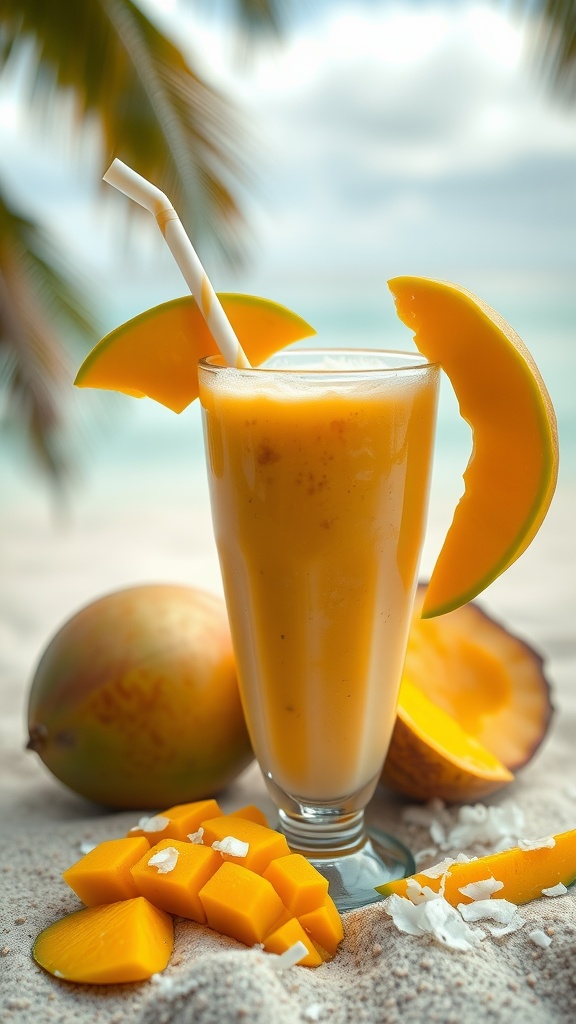 A refreshing Tropical Mango Coconut Smoothie in a tall glass, garnished with mango slices and coconut flakes.