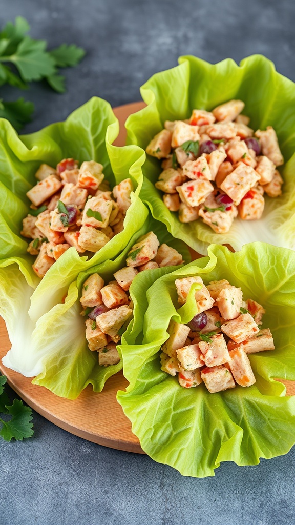 Lettuce wraps filled with tuna salad mixture.