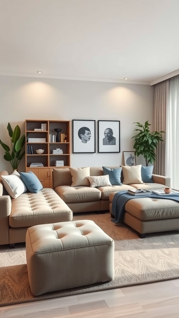 Stylish living room with multi-functional furniture including a sectional sofa and an ottoman.