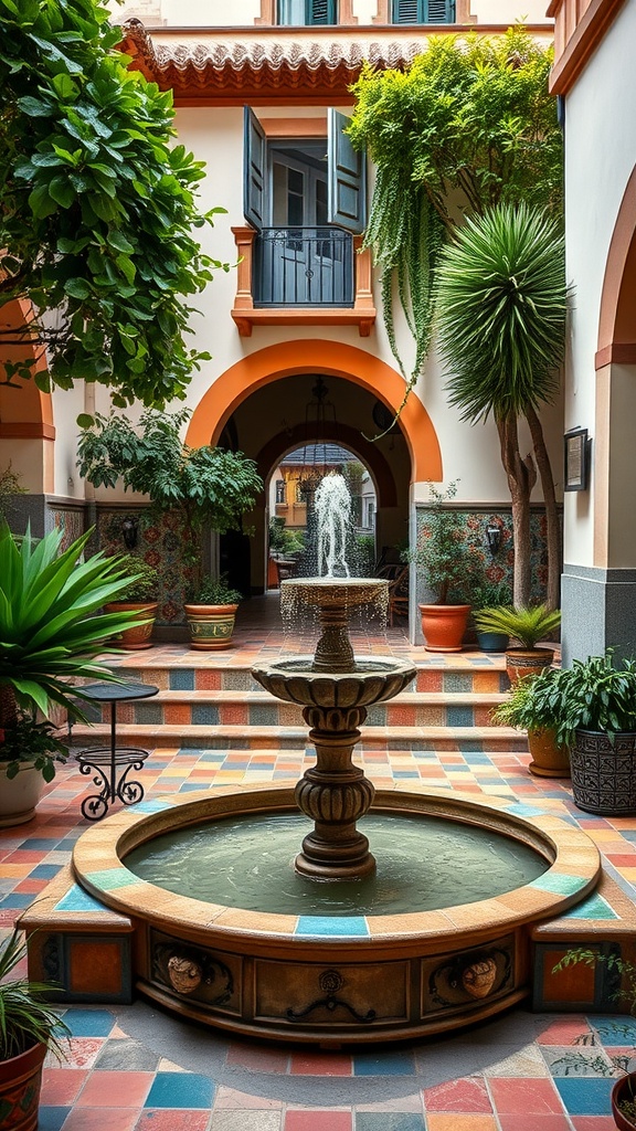 A charming courtyard with colorful tiles, a fountain, and lush plants in an old Spanish style home.