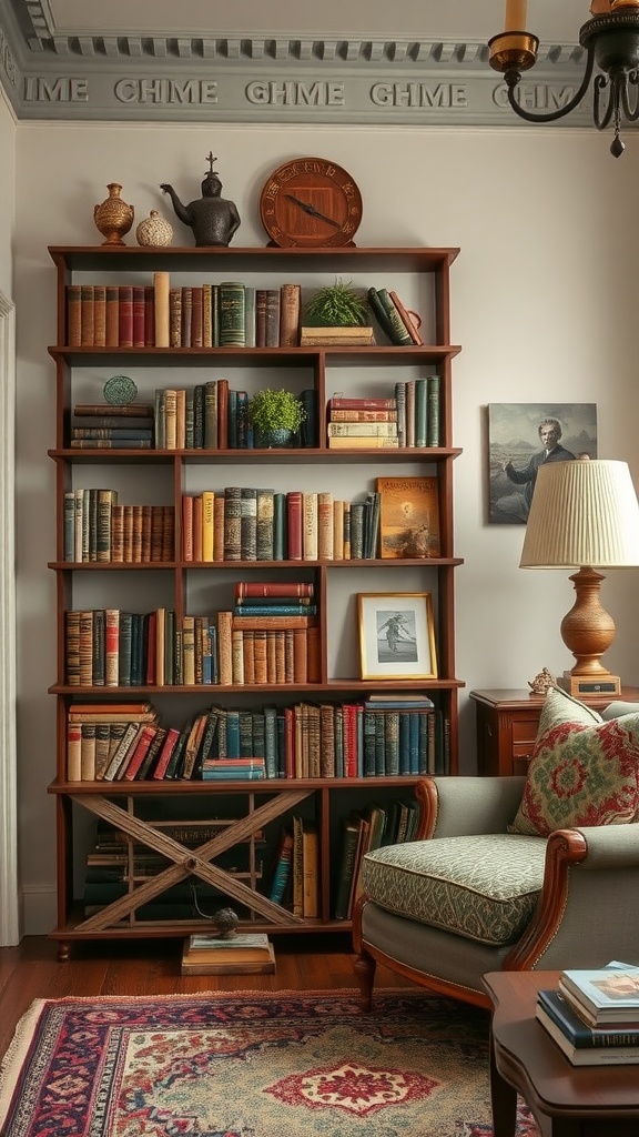 A vintage-inspired bookshelf displaying classic books and decorative items in a cozy living room.