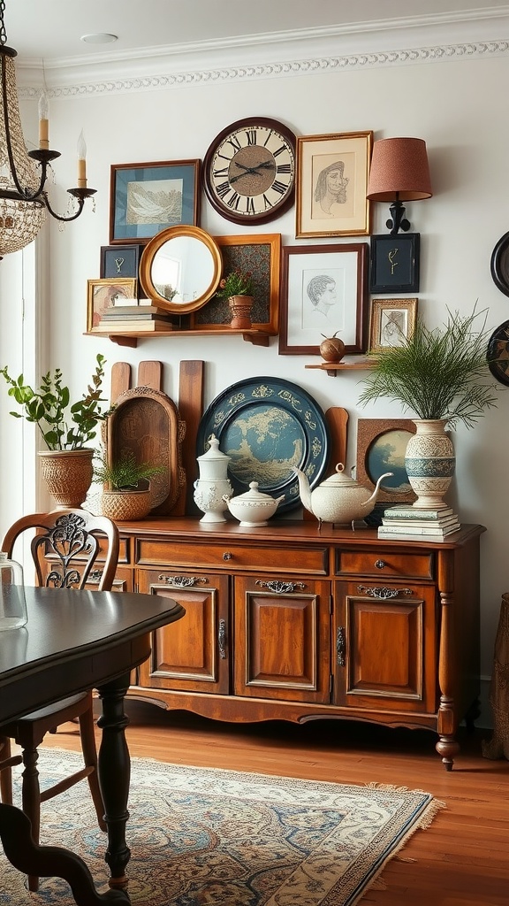 17 Dining Room Sideboard Styling Ideas For A Chic Setup A vintage-styled sideboard decorated with various antique items, including teapots, vases, and framed pictures.