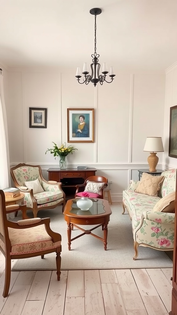 A cozy living room featuring vintage furniture with floral patterns, warm wooden accents, and a charming chandelier.