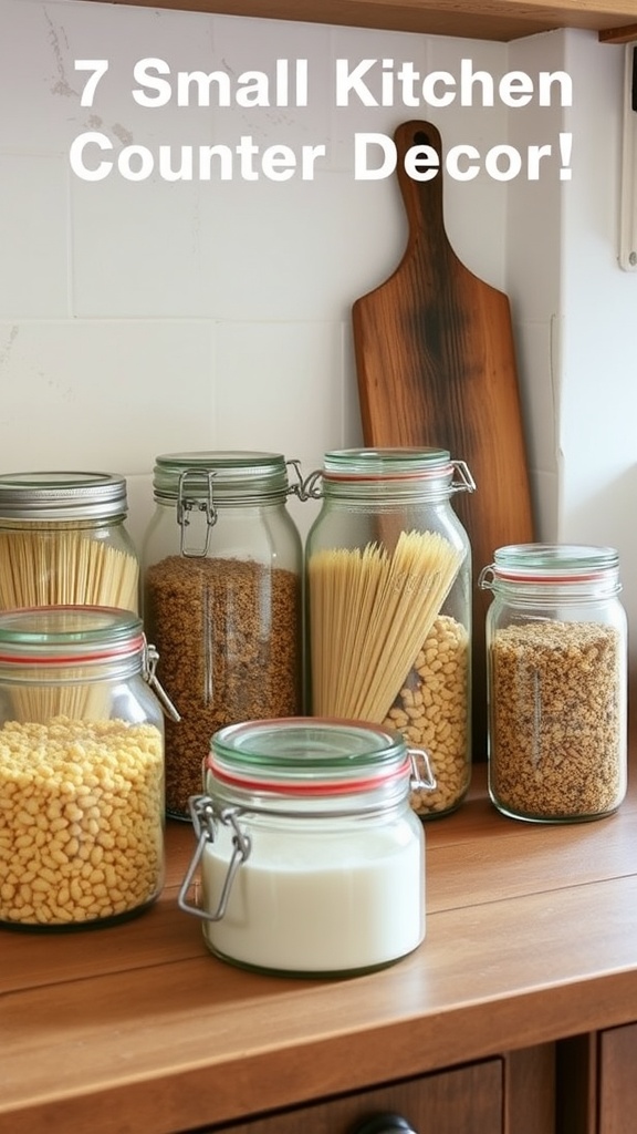 A collection of vintage glass jars filled with various ingredients on a kitchen counter.