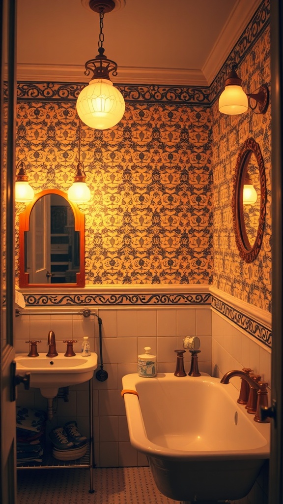 A vintage bathroom featuring unique lighting fixtures, patterned wallpaper, and vintage elements.