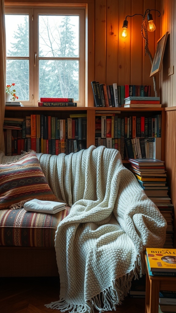 A cozy reading nook featuring a comfortable couch with a blanket, bookshelves filled with books, and warm lighting.