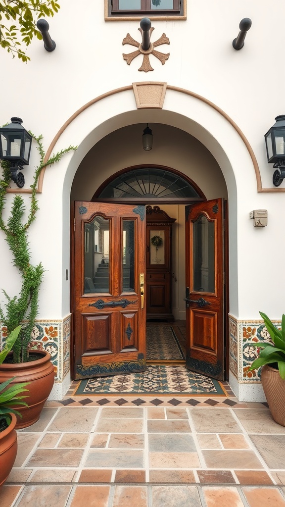 A warm entryway with wooden double doors and colorful tiles in an old Spanish style home.