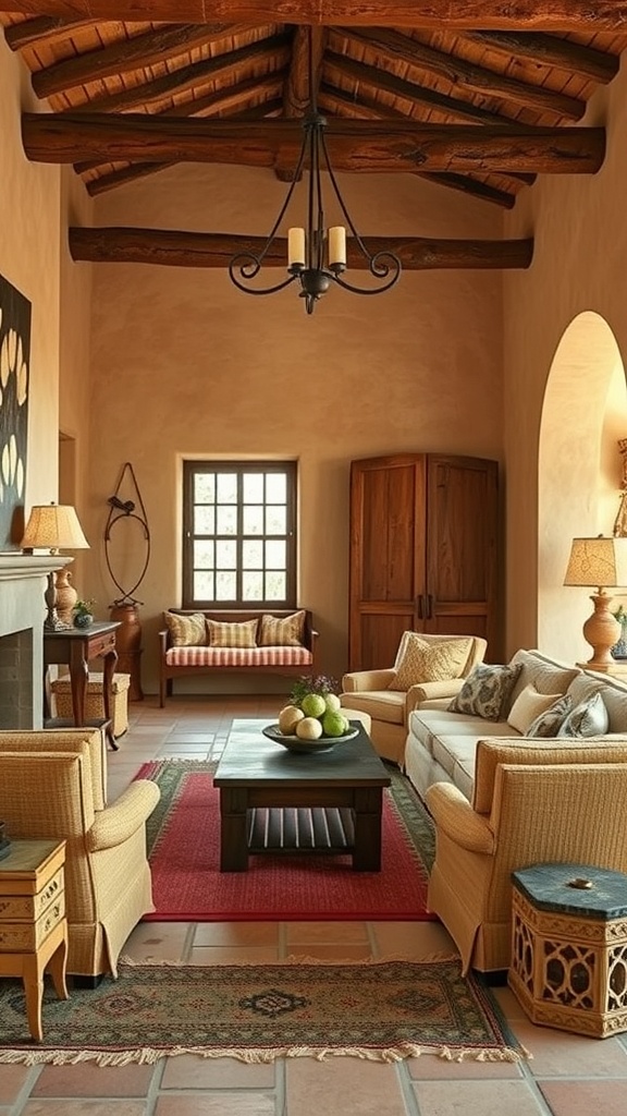 Interior of a Hacienda style home with warm earth tones and rustic textures.