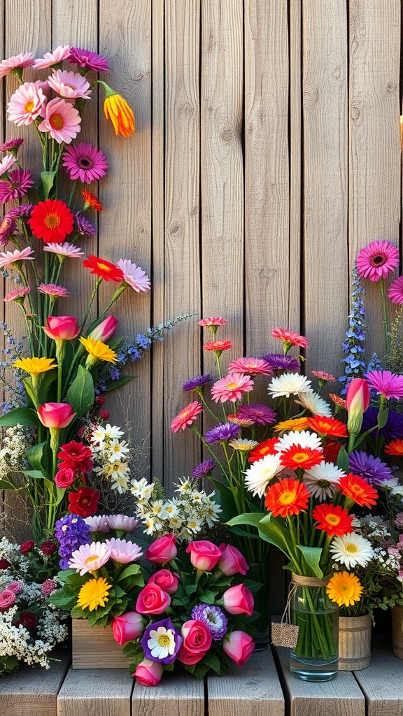 A vibrant display of various flowers in different arrangements against a wooden backdrop.