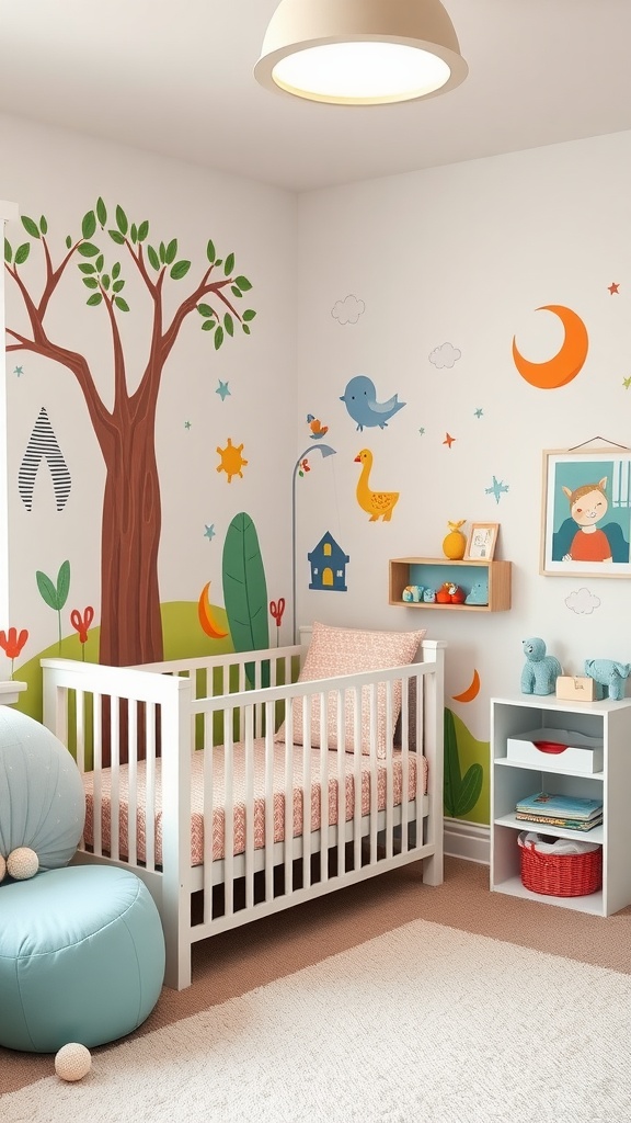 A cozy nursery corner featuring colorful wall murals with a tree, animals, and playful elements.