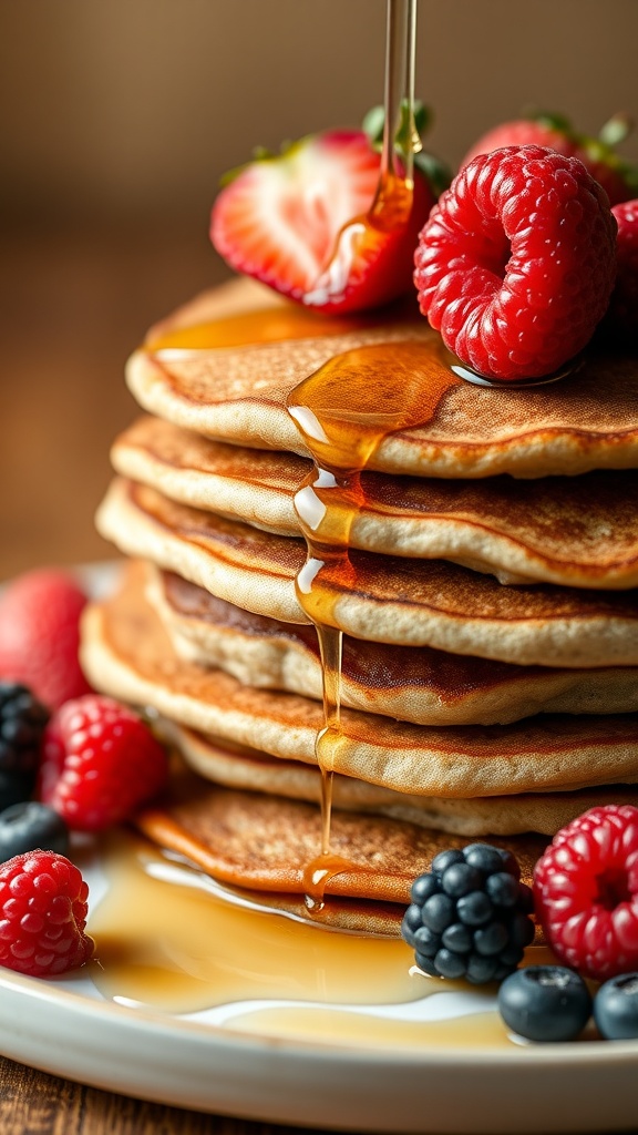 A stack of whole wheat pancakes topped with berries and syrup