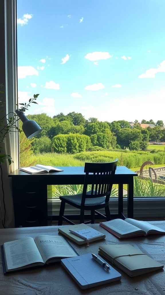 A cozy writing space with a view of trees and blue sky, featuring a desk and books.