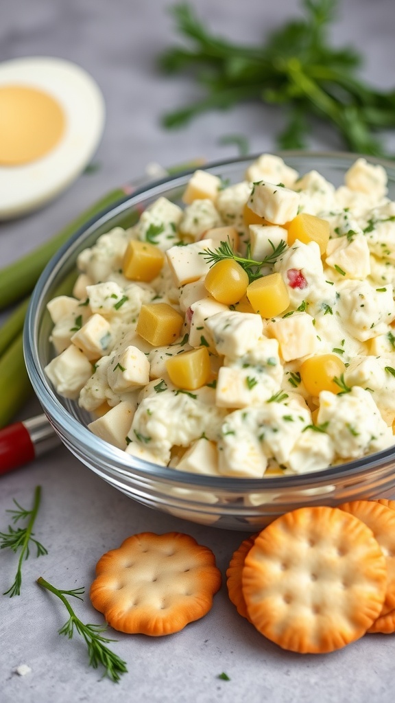 A bowl of zesty dill pickle egg salad with herbs and crackers.