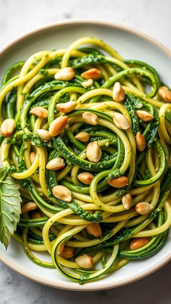 A plate of zucchini noodles topped with pesto sauce and pine nuts.