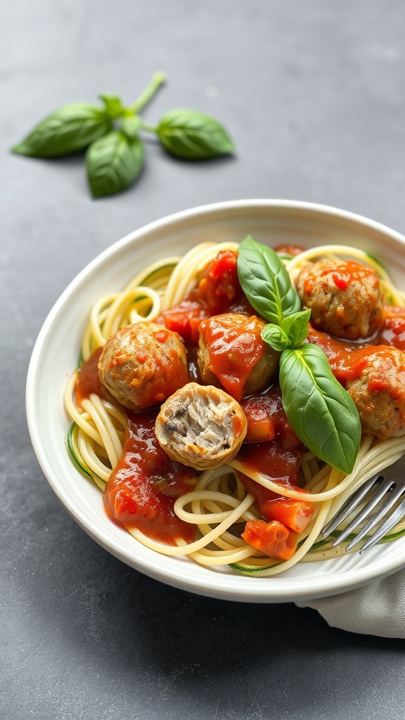 A bowl of zucchini noodles topped with turkey meatballs and marinara sauce garnished with basil.