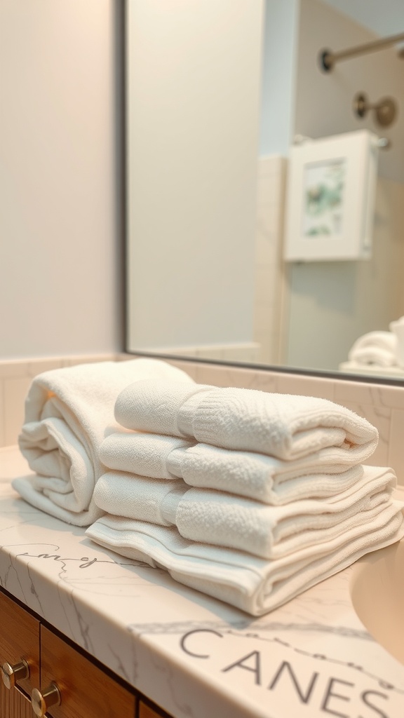 Neatly stacked white hand towels on a bathroom counter.