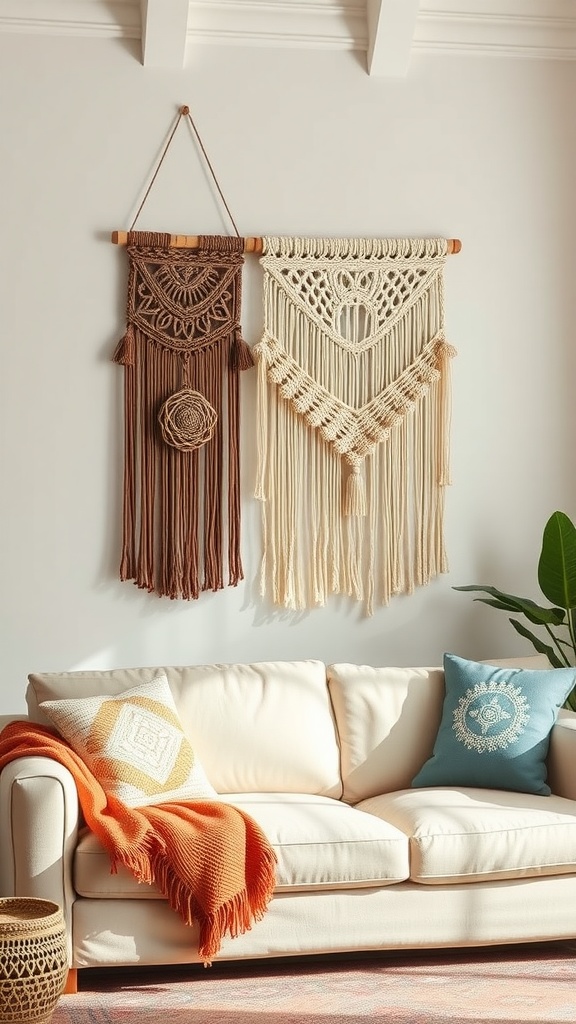 Bohemian macramé wall hangings in a stylish living room setting