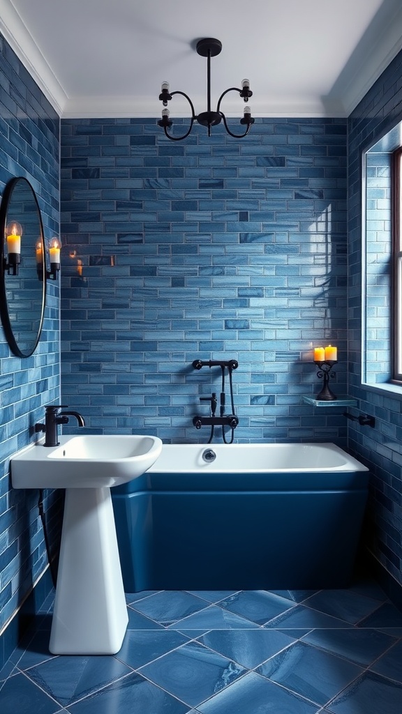 A bathroom featuring bold indigo blue wall tiles, a white sink, and a matching blue bathtub.