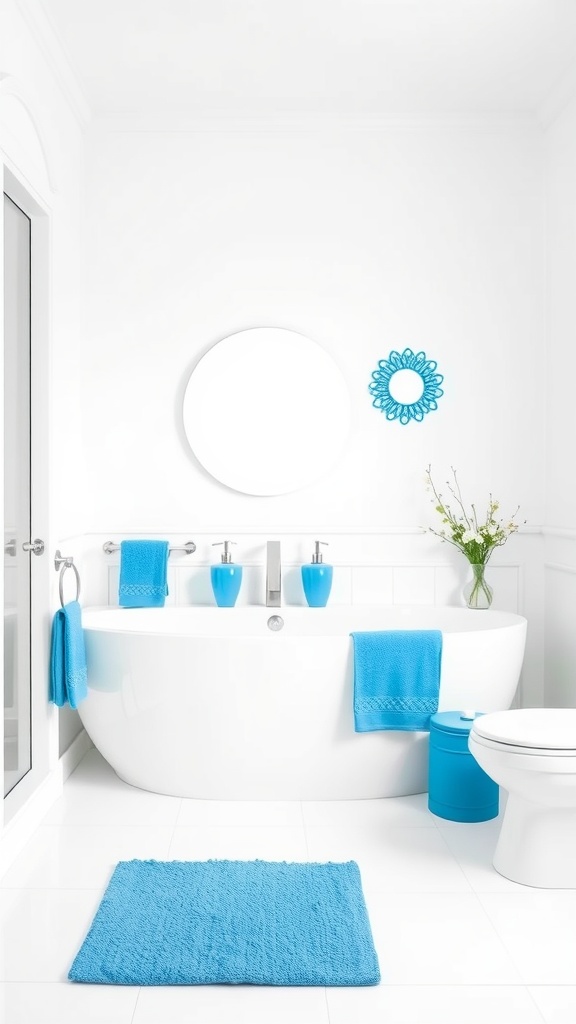 Bright blue accents in a minimalist bathroom with white fixtures and decor.