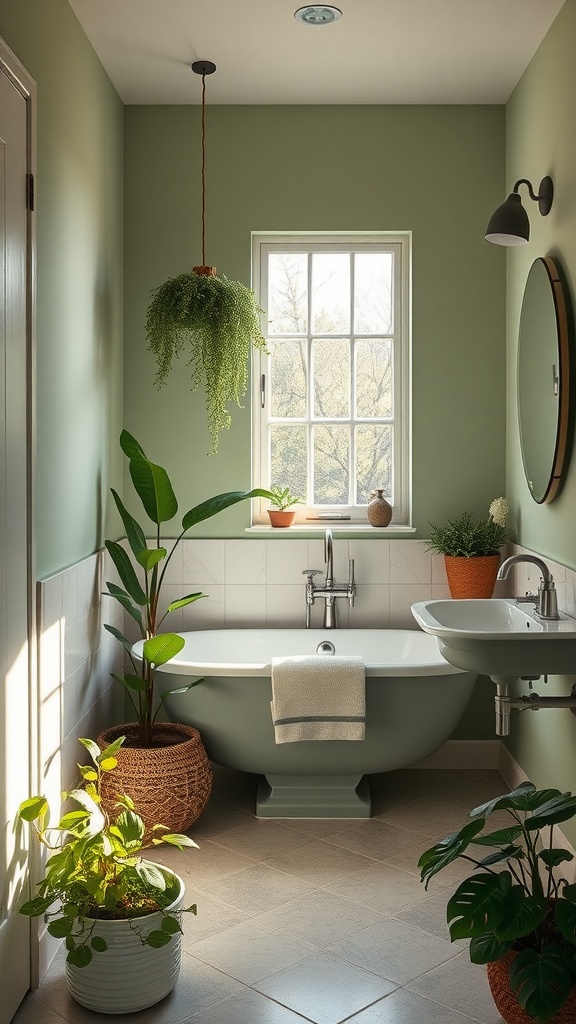 A calming sage green bathroom with plants and natural light.