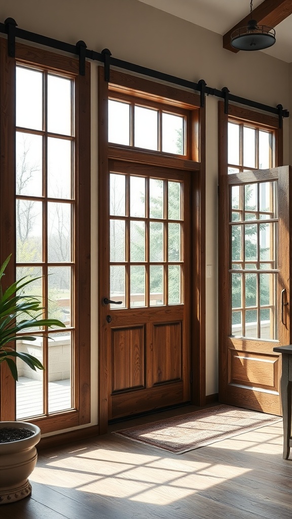 Interior view of a home featuring rustic barn doors and large windows with natural light.