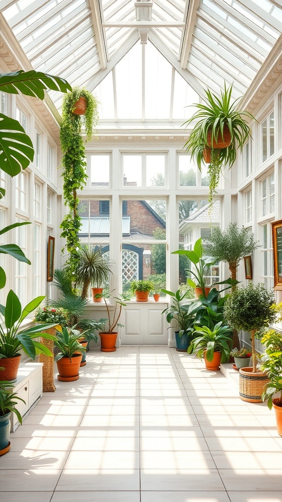 A bright and airy conservatory filled with various plants and natural light.