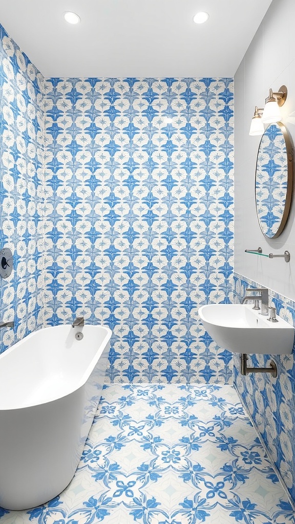 A bathroom featuring blue and white geometric patterns on the walls and floor, with a freestanding bathtub and modern sink.