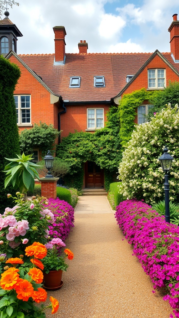 A classic red brick manor house surrounded by colorful gardens.