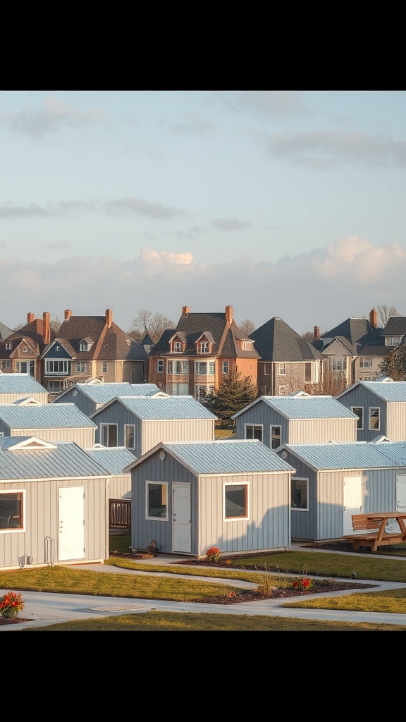 A view of small metal building homes in a community with larger traditional houses in the background.