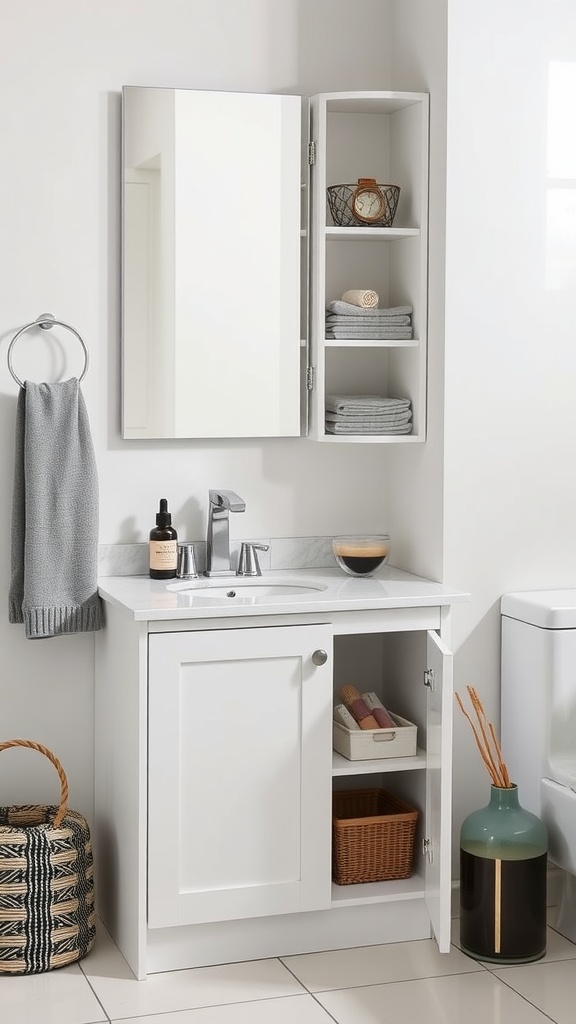 Compact corner vanity with sink and storage in a modern bathroom