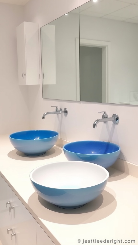 Three contemporary blue and white vessel sinks on a bathroom counter.