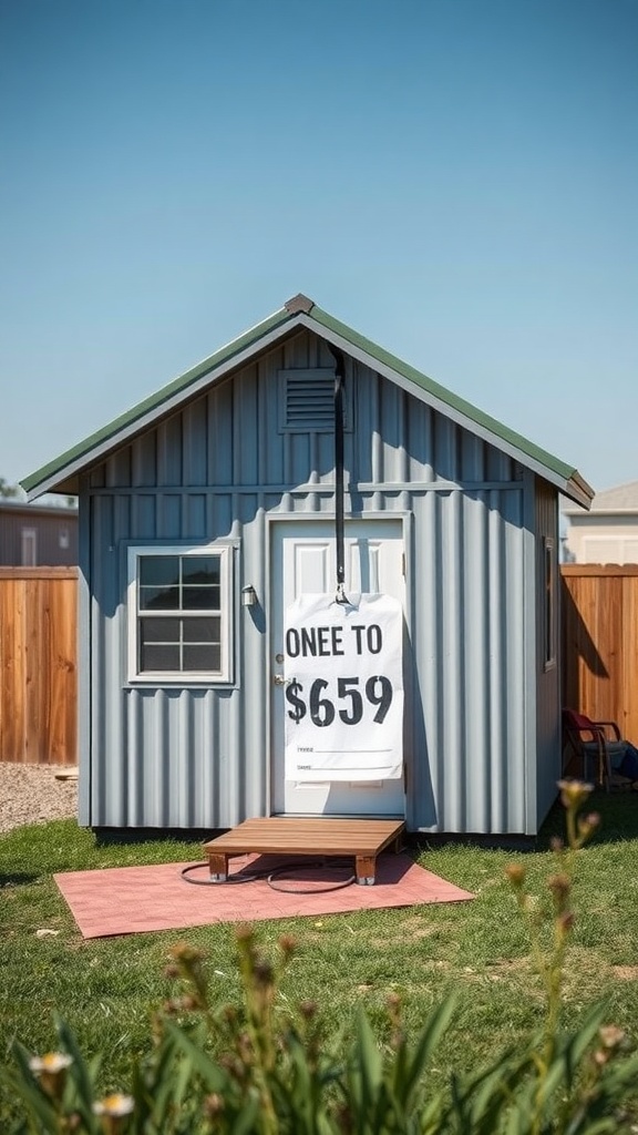 A small metal building home with a price sign indicating $659