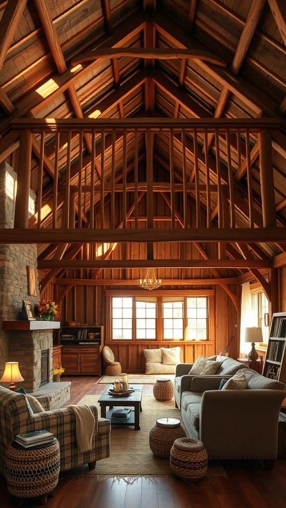 Cozy barn-style living room with wooden beams and comfortable seating.