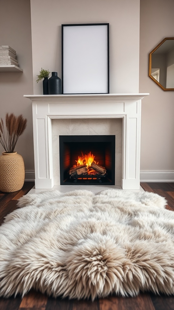 A cozy faux fur rug in front of a fireplace, enhancing the warmth of the room.